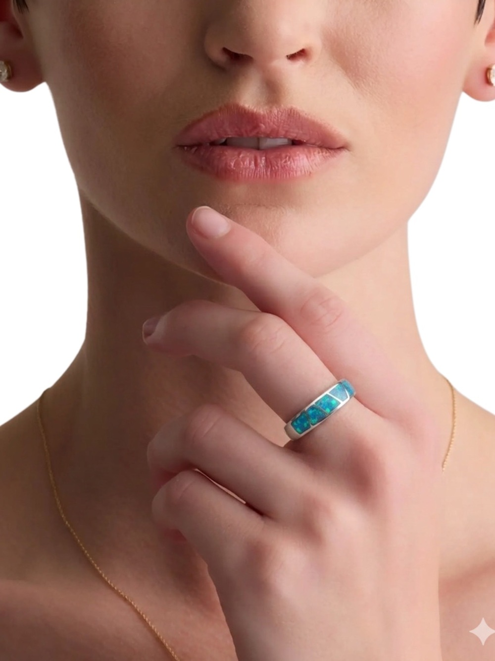 Sterling Silver Blue Opal Inlay Band Ring - Size 6.5